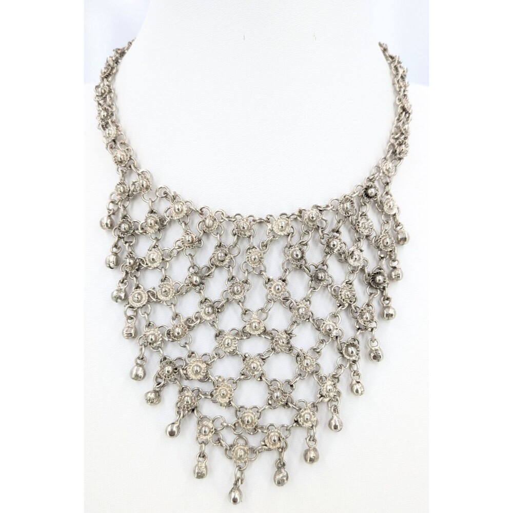 Yemenite Style Filigree Bib Necklace Silver Tone Floral Bells 17 in 87g Ethnic